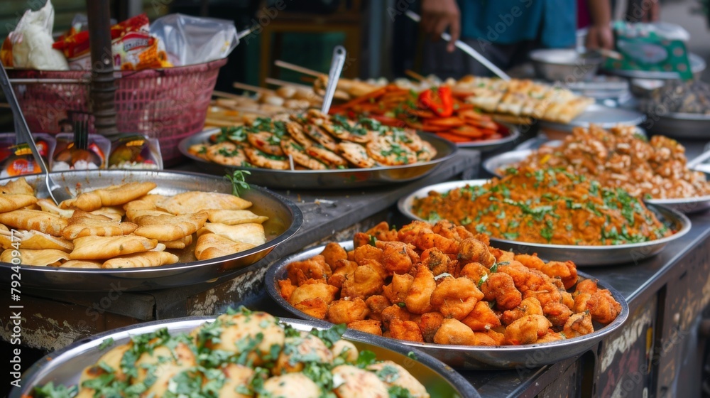 Colorful assortment of street food delights, from crispy pakoras to mouthwatering dosas, tempting passersby.