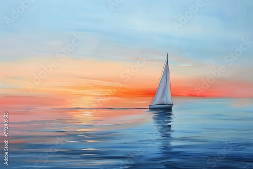 Capture the essence of a sunset at sea with a minimalist twist in acrylic paint Showcase a lone sailboat on calm waters
