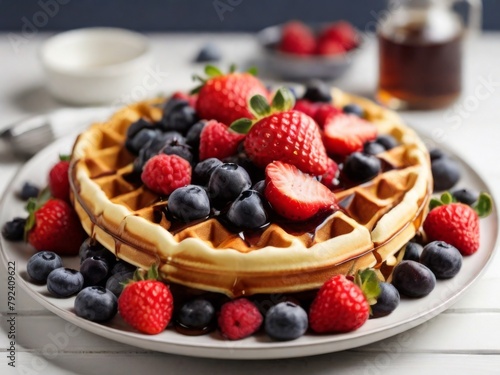 Whole wheat Belgium waffle topped with boysenberry syrup  whipped cream  walnuts  and freshly chopped strawberries horizontal shot