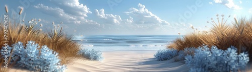 Clean 3D rendered shoreline with a single sea holly, vibrant blue against the sandy beach.
