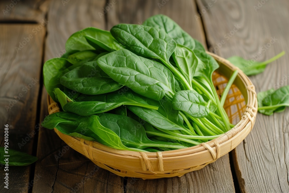 Studio photo of spinach on bamboo basket