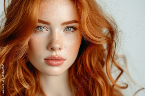 Studio portrait of a beautiful girl with wavy red hair
