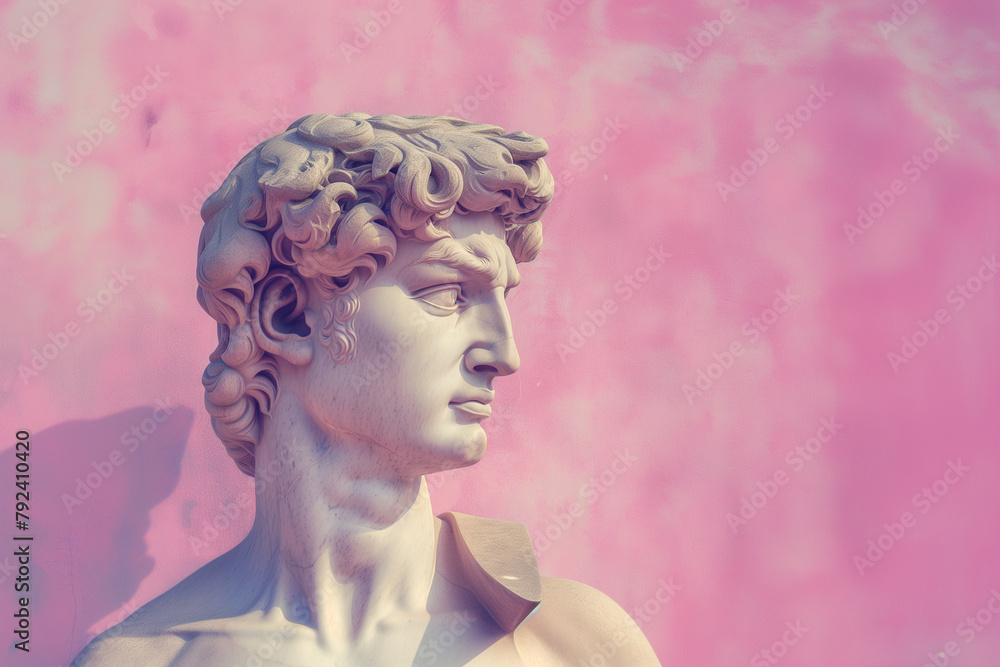 Greco-Roman plaster male head on a pink background. A combination of modern and classical art, gray and pink tones, a banner with an empty space for your design