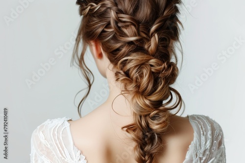 Stunning bride with stylish wedding hair on a white backdrop