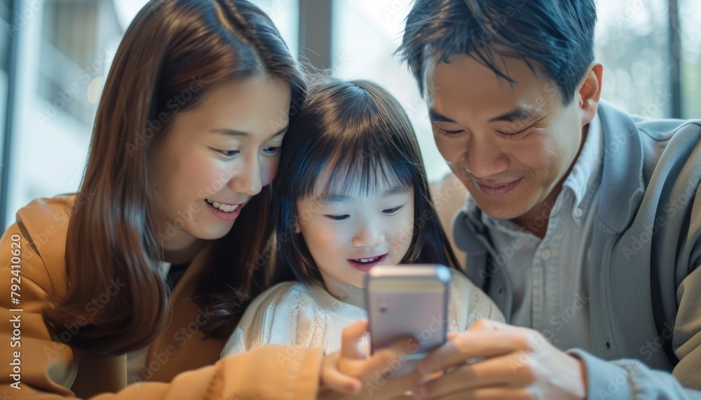 Family sharing a happy moment, smiling and looking at a cell phone together Family sharing a happy moment, smiling and looking at a cell phone together