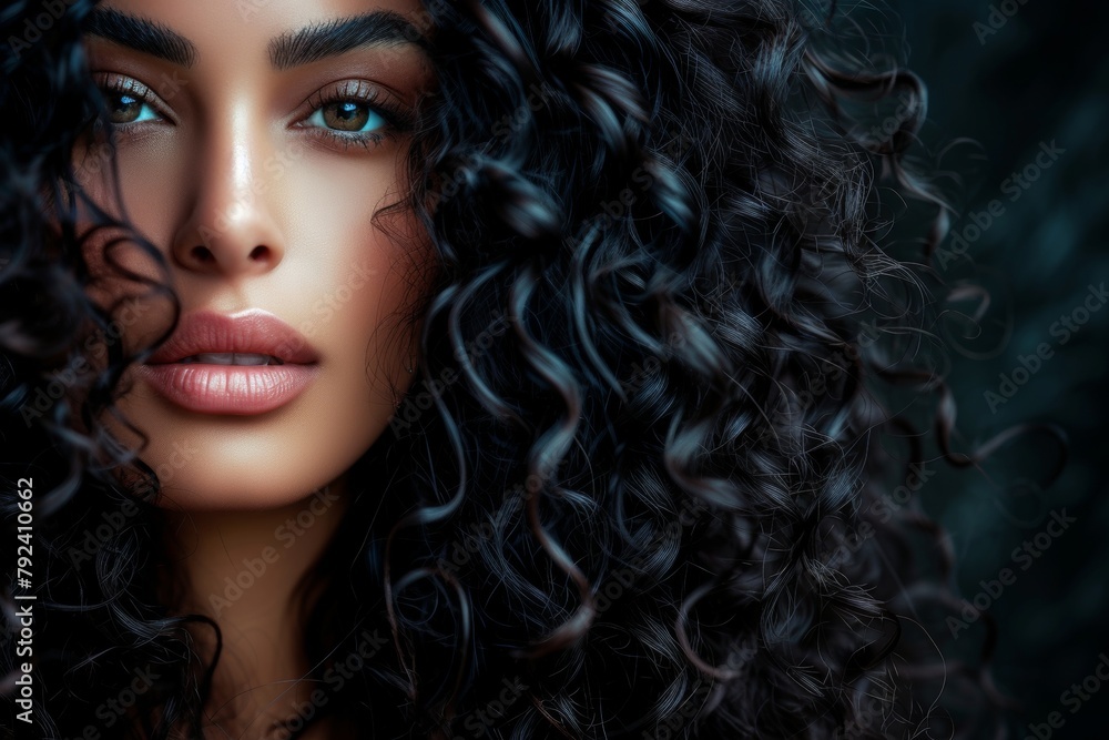 Stunning curly haired lady with black hair against a black backdrop