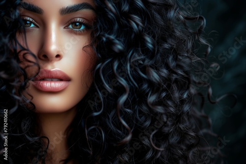 Stunning curly haired lady with black hair against a black backdrop