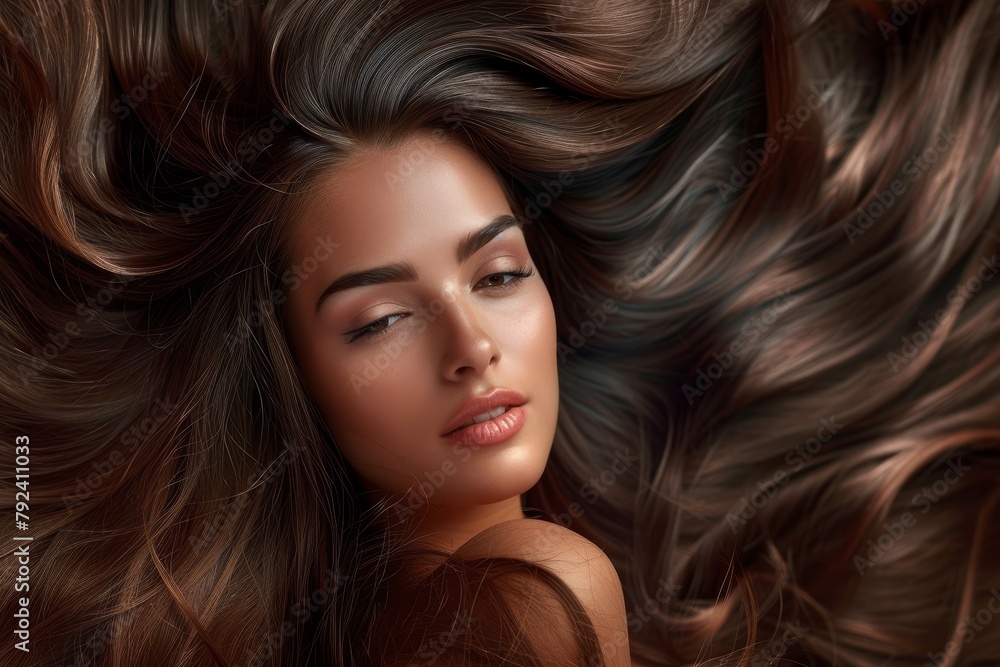 Stylish long haired woman with smooth brunette locks exudes beauty Stylish long haired woman with smooth brunette locks exudes beauty