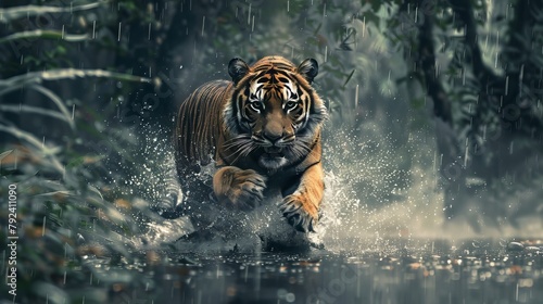 Tiger Running Stormy Forest