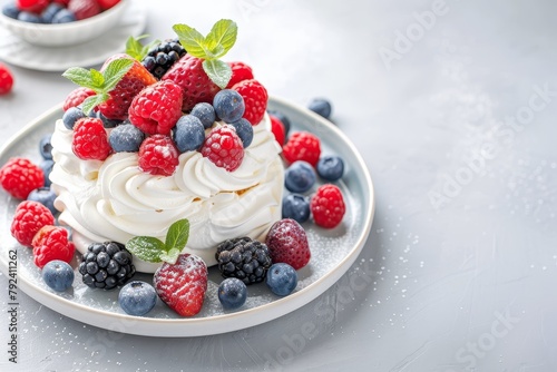Summer dessert Mini Pavlova meringue cake with cream and berries on a gray concrete background Copy space