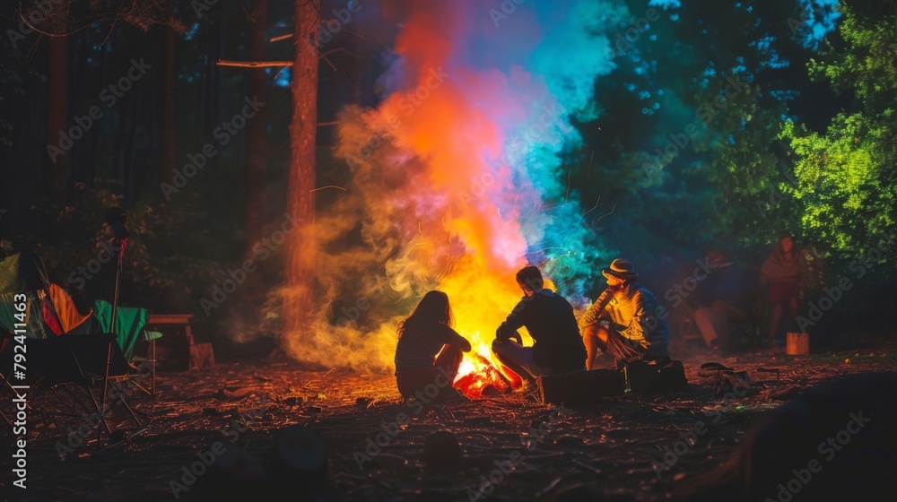 Colorful smoke rising from a bonfire, adding a magical touch to a night-time gathering
