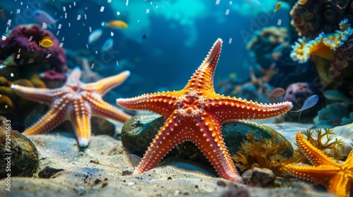 Colorful starfish resting on a sandy ocean floor, a vibrant underwater scene
