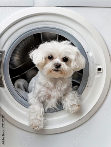 maltese dog puppy inside the washing