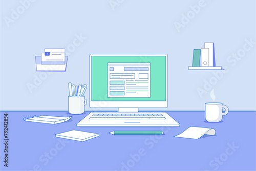 laptop flat vector illustration web page desk workspace minimalist concept