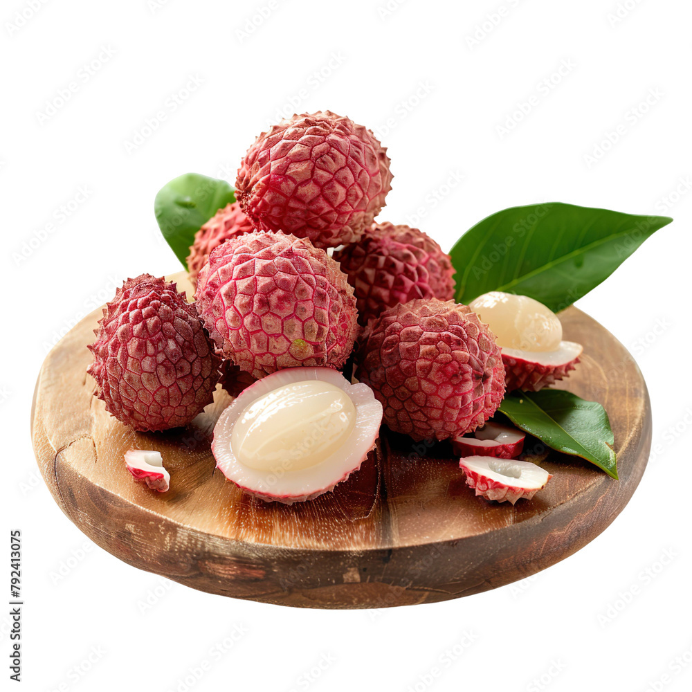 Front view of a pile of cut lychees on a wooden chopping board isolated on a white transparent background Front view of a pile of cut lychees on a wooden chopping board isolated on a white transparent background