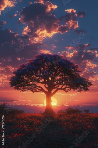 Minimalist 3D rendered savanna with a single baobab tree silhouetted against a vibrant sunset sky  symbolizing resilience.