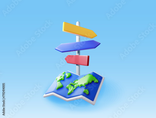 3D folded world map and signpost with directions isolated. Render world map, signboard or guidepost. Cartography and geography. Holiday and travel, GPS location navigation service. Vector Illustration