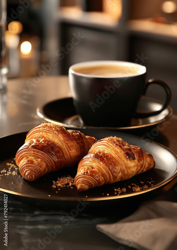 Delicious croissant on dark plate, next to a cup of fresh coffee. On bistro countertop.