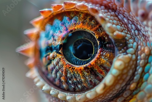 A close up of a lizard s eye with a colorful pattern