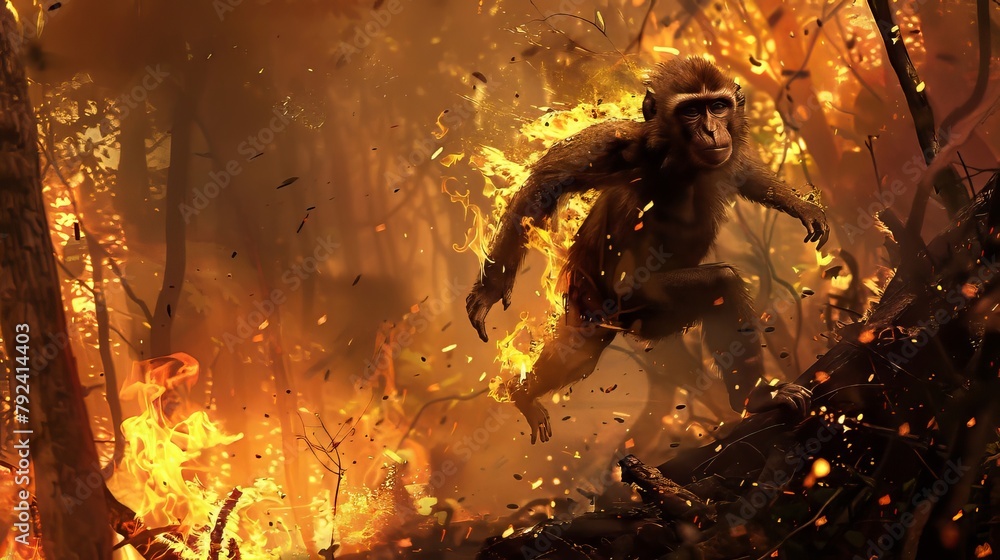 Fototapeta premium Monkey Running from Fire Forest