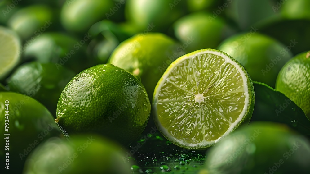 A pile of fresh limes, one of which has been cut to reveal its juicy interior. This photo gives off a fresh and wholesome feel. For Design, Background, Cover, Poster, Banner, PPT, KV design, Wallpaper A pile of fresh limes, one of which has been cut to reveal its juicy interior. This photo gives off a fresh and wholesome feel. For Design, Background, Cover, Poster, Banner, PPT, KV design, Wallpaper