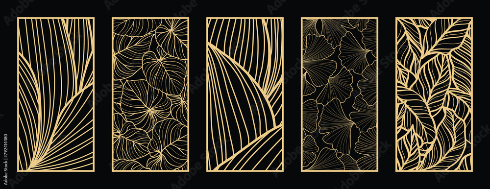 Obraz premium Gold botanical line art pattern vector collection. Laser cut with line design pattern. Design for wood carving, wall panel decor, metal cutting, wall arts, cover background, wallpaper and banner.