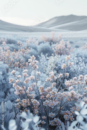 Simplistic 3D rendered valley with a lone flowering sagebrush under a clear desert sky, minimalist natural beauty.