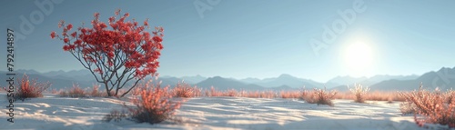 Stark minimalist 3D rendered desert scene with a single vibrant ocotillo flower under a bright sun. photo