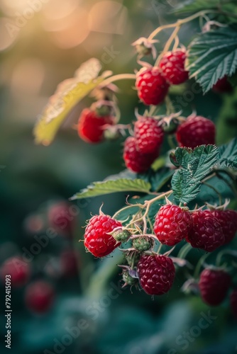 Raspberry berries in the garden close-up. Blurred background