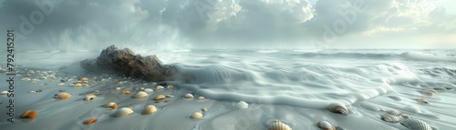 Stark minimalist 3D rendered seascape with a lone driftwood piece surrounded by scattered shells under a stormy sky.