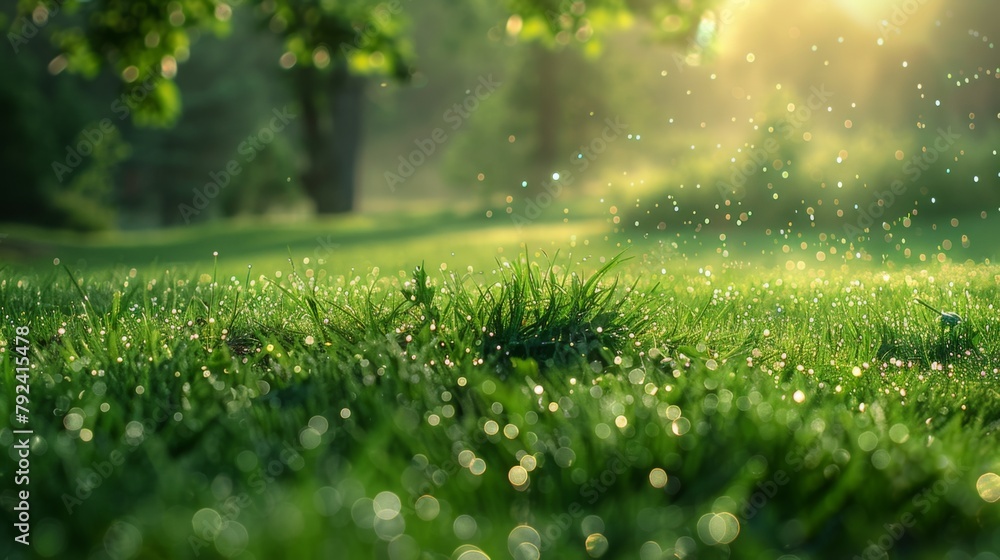 Fresh morning dew adorning the lush green grass of a peaceful countryside