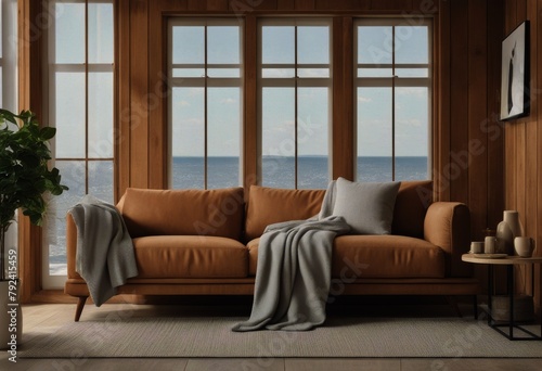 window room room modern home paneling style interior wooden pillows design blanket Created Scandinavian Sofa living wall © akkash jpg