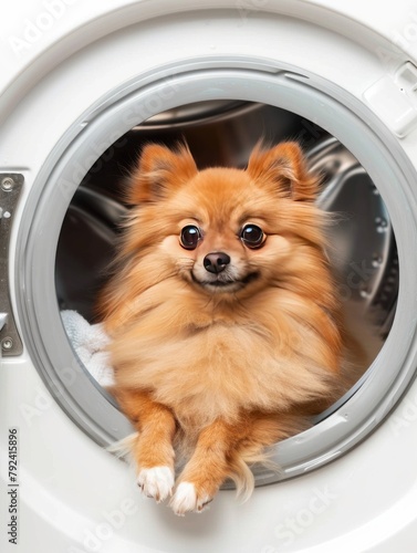 pomeranian dog puppy inside the washing