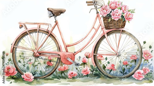 watercolor illustration of pink bike with peony in the basket, spring concept, flowers background © Kateryna Kordubailo