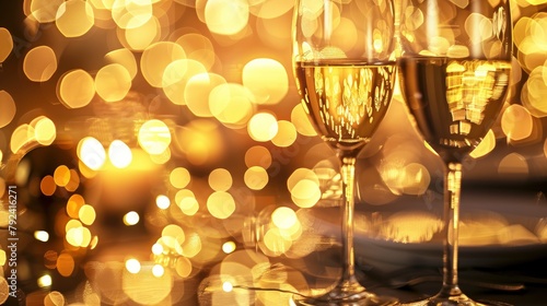 Elegant wine glasses on a table, with a blurred background of golden lights and decorations, in a closeup view, a luxurious setting with reflections