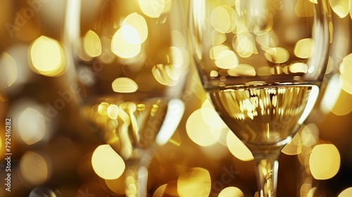 Elegant wine glasses on a table, with a blurred background of golden lights and decorations, in a closeup view, a luxurious setting with reflections © Tuan