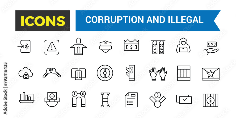 Corruption And Illegal Line Icons Collection, Big Ui Icon Set In A Flat Design, Thin Outline Icons Pack, Vector Illustration Corruption And Illegal Line Icons Collection, Big Ui Icon Set In A Flat Design, Thin Outline Icons Pack, Vector Illustration