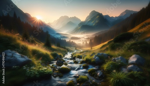 Panoramic mountain landscape bathed in the golden light of sunrise, with snow-capped peaks and a crystal-clear lake reflecting the vibrant sky photo