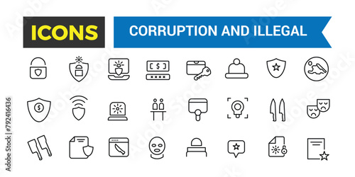 Corruption And Illegal Line Icons Collection, Big Ui Icon Set In A Flat Design, Thin Outline Icons Pack, Vector Illustration