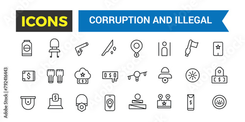 Corruption And Illegal Line Icons Collection, Big Ui Icon Set In A Flat Design, Thin Outline Icons Pack, Vector Illustration
