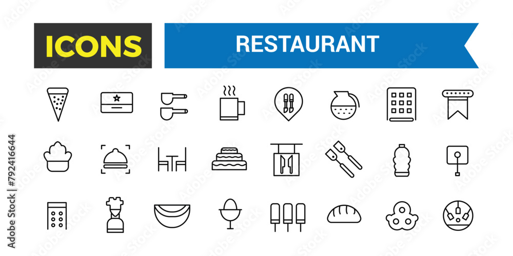 Fototapeta premium Restaurant Icons Set, Set Of Restaurant Food, Chef Hat, Alcohol, Seafood, Continental Breakfast In Hotel, Cafe Dessert, Coffee, Steak, Waiter Vector Icons With Editable Stroke, Vector Illustration
