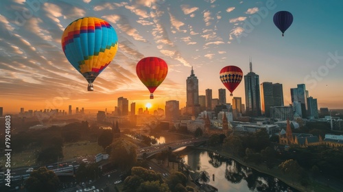 Hot air balloons flying high above a city skyline, offering panoramic views
