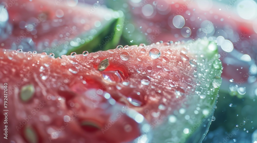 Juicy watermelon slices sprinkled with droplets of water, epitomizing summer refreshment and the crisp sweetness of seasonal fruits. Juicy watermelon slices sprinkled with droplets of water, epitomizing summer refreshment and the crisp sweetness of seasonal fruits.