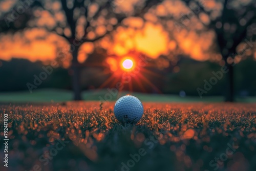 Sunrise background with golf ball on tee and fairway