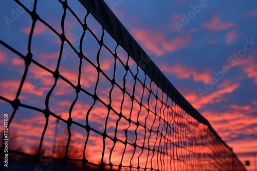 Sunset sky behind tennis net
