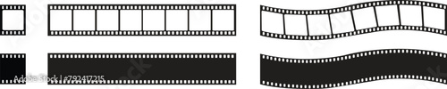 Set of Film Strips icons in fill styles. Movie Film with Film roll. Black photogram vectors designs can be used for mobile apps and web. Filmstrip photographer equipment on transparent background.