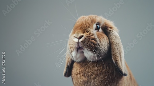 Anxious Holland Lop Rabbit Peering Off to the Side Against Muted Gray Background