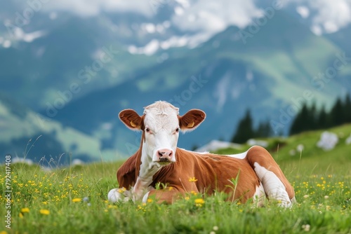 Switzerland s cow lies on lush turf