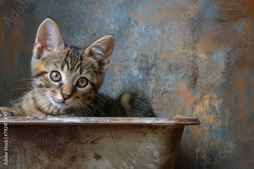 Tabby feline in a box of litter