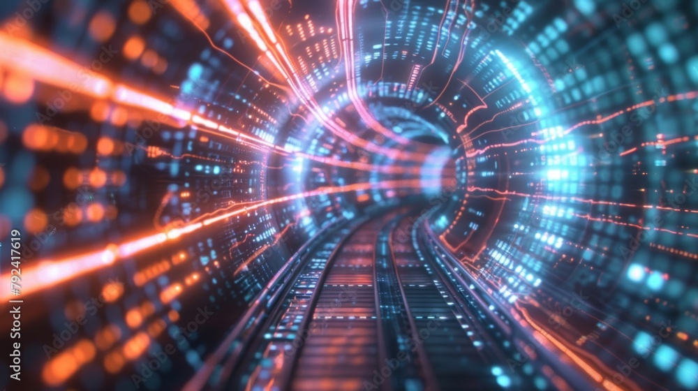 A digital tunnel with multiple layers of security barriers representing the multilayered approach to data protection in quantum encryption. .